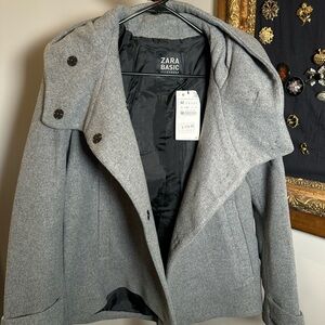 NWT ZARA BASIC Gray Wool Blend Coat Hooded Wrap High Collar Jacket Women’s M